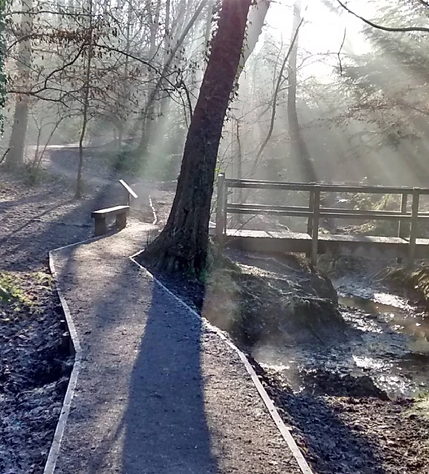 foot path and bridge over the river Frome at Lincombe Barn Park.