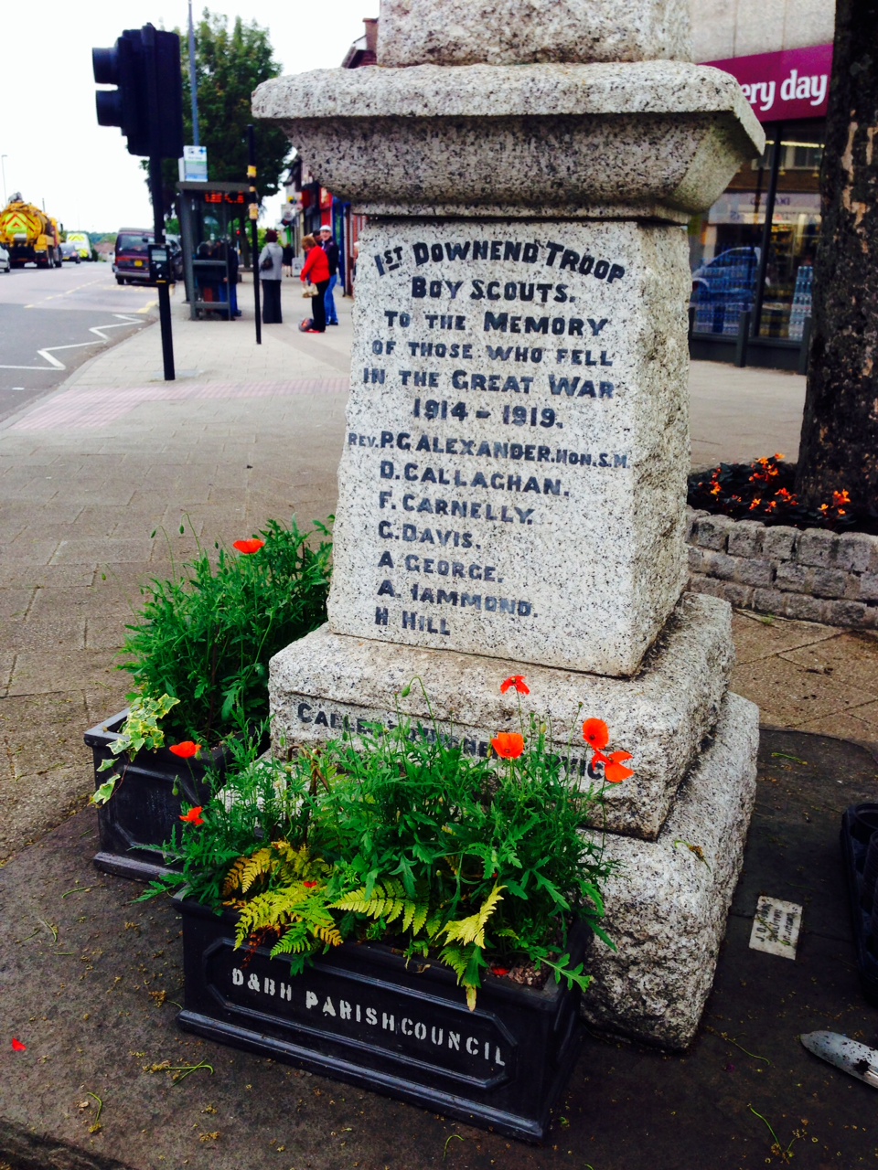 This image show the inscription on the Memorial.  1st Downend Troop, Boy Scouts. To the memory of those that fell in the Great War 1914 to 1919, followed by the names of the 7 that gave their lives.